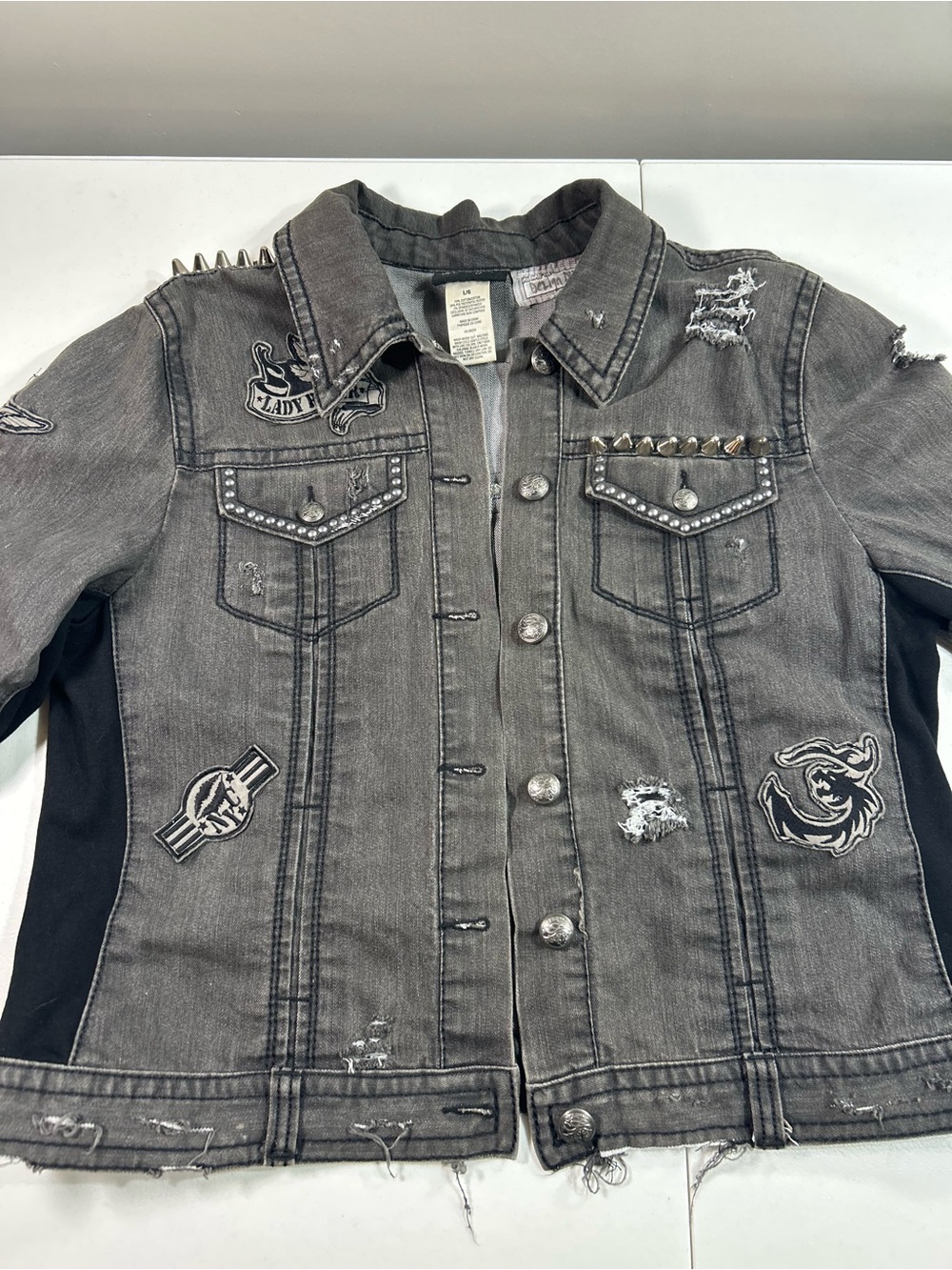 Rock & Republic Grey Studded Distressed Denim Jacket